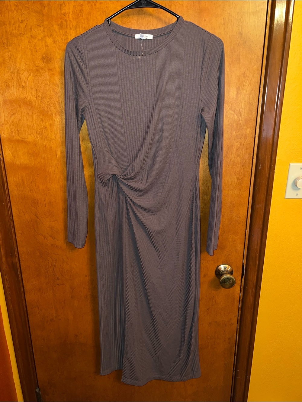 Maurices Long-Sleeve Twist-Ruched Ribbed Dress in Mauve Brown
